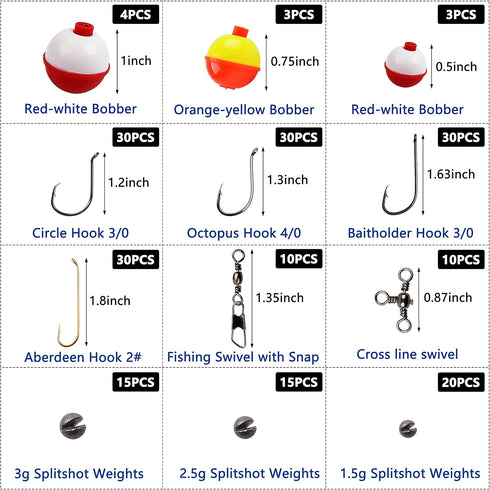 Fishing Hooks Bobbers Tackle Kit, 200pcs Basic Fishing Tackle Box Set Include Fishing Hooks Bobbers Weights Snap Swivels Freshwater Terminal Tackl...