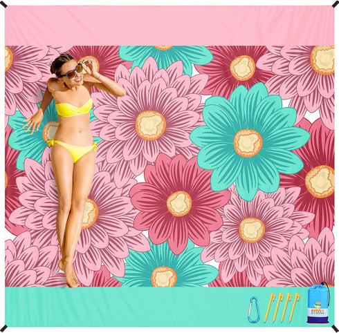 BYDOLL Beach Blanket Sandproof Waterproof 78''×81'' 1-4 Adults Floral Compact Lightweight Oversized Beach Blanket Large Picnic Mat Beach Blanket f...