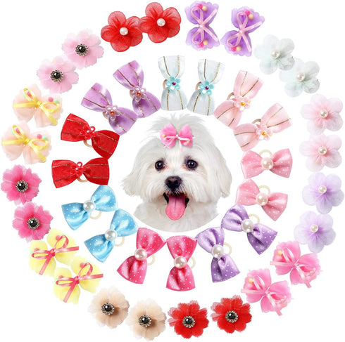 40 Pieces Dog Bows Cute Puppy Dog Bowknot Hair Bows Handmade Hair Accessories Bow with Rubber Bands Lace Organza Puppy Bows Rhinestone Pearls Dog ...