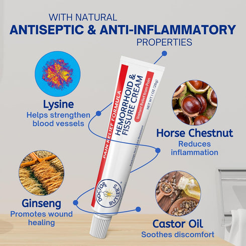 Doctor Butler's Hemorrhoid & Fissure Cream – Instant Pain Relief Hemorrhoid Treatment with Lidocaine, Fast Acting Hemorrhoid Cream for Relief from...