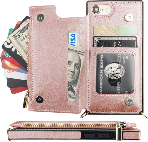 Bocasal Crossbody Wallet Case for iPhone SE 2022/SE 2020/7/8 with Card Holder,Zipper Card Slot Protector Shockproof Purse Cover with Removable Cro...