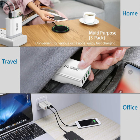 Fast 3.0 Wall Charger, 3-Pack iSeekerKit 4Ports 3.0 USB Wall Charger Adapter Fast Charging Block Compatible for Samsung Galaxy S10 S9 S8/Note 8 9,...
