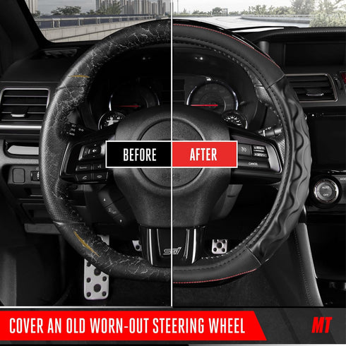 Motor Trend Redline D-Shaped Steering Wheel Cover - Premium Flat Bottom Car Steering Wheel Cover, Black Faux Leather Sterring Wheel Cover, Standar...