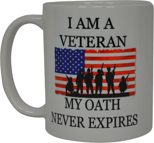 Rogue River Tactical Military Veteran Coffee Mug USA Flag American I Am A My Oath Never Expires Novelty Cup Gift For Marine Navy Army Air Force...
