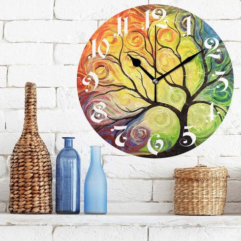 Wamika Wall Clock Tree of Life Rainbow Branch Leaves Seasonal Flowers Round Clock Silent Non Ticking Decorative, Spring Summer Autumn Floral Clock...