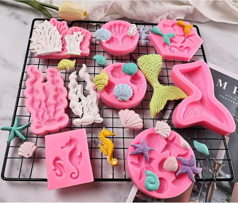 Mermaid Theme Cake Mold, Mermaid, Shell, Seaweed, Coral Silicone Mold Cupcake Toppers Mold for Candy,Chocolate,Fondant,Polymer Clay,Crafting Proje...