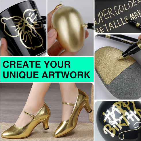 Liquid Gold Chrome Markers, Supper Golden Metallic Paint Pens, Reflective Gloss Permanent Mirror Markers for Model Repairing, Resin Metal Glass Pl...