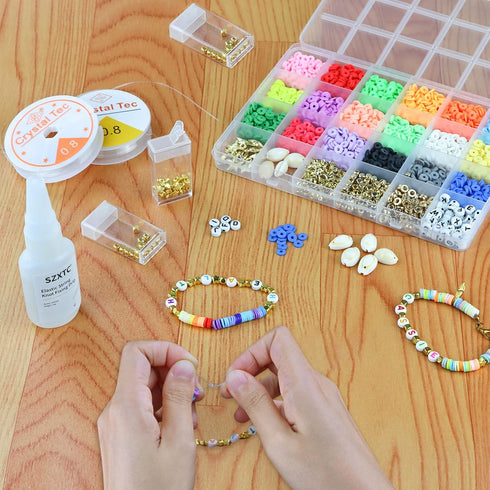 4 Pcs Clay Beads Bracelets Professional Elastic String Kont Fixing Drip, Keep Stretch String Braclet Stay Tied for Flat Round Polymer Heishi Beads...