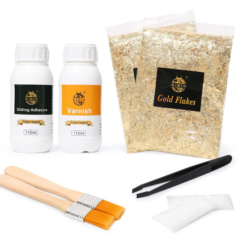 KIRIN Gold Leaf Adhesive, Gilding Adhesive Set, Metal Leaf Glue and Varnish for Craft, Home Decor, Resin Crafts, Ceiling (220ml + 2 Brushes + 2 Gl...