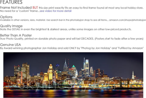 PHOTOSBYJON Philadelphia Skyline UNFRAMED Photo Print Night from East Color Philly City Downtown 11.75 inches x 36 inches Photographic Panorama Pr...
