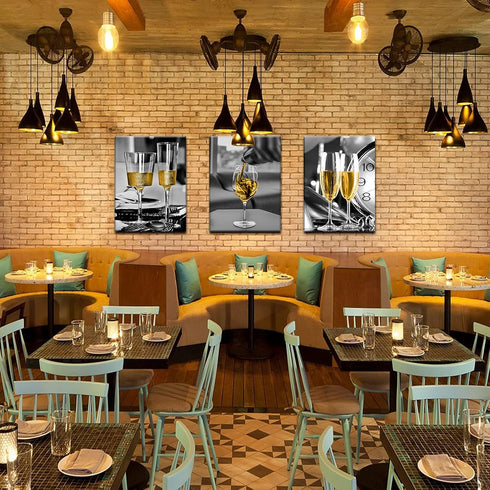 Kitchen Wall Art Dining Room Decor Yellow Wine Black and White Framed Canvas Prints Artwork Paintings for Home Bedroom Decorations 12x16 Inch x3...
