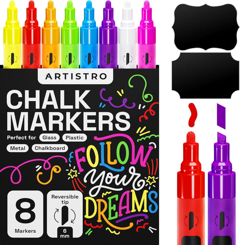 ARTISTRO 8 Neon Chalk Markers - Erasable Chalk Pens with 6mm Reversible Tip for Blackboard, Chalkboard, Car Window, Glass - Liquid Chalk Markers I...