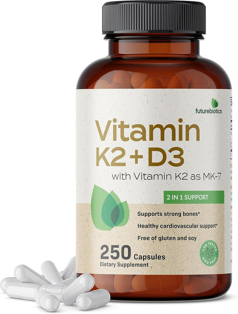 Futurebiotics Vitamin K2 (MK7) with D3 Supplement - Non-GMO Formula - 5000 IU Vitamin D3 & 90 mcg Vitamin K2 MK-7, 250 Vegetarian Capsules...