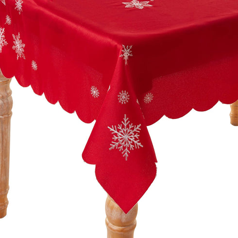 Violet Linen Embroidered Red Christmas Table Topper, 36" Square, Snowflakes...