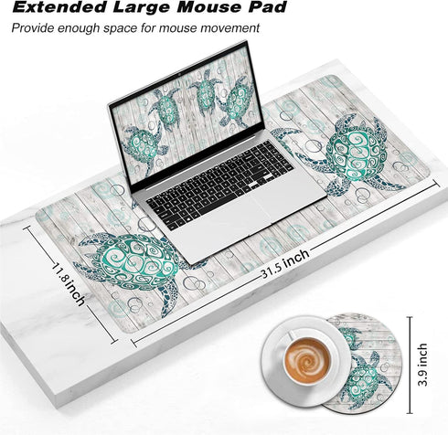 Large Gaming Mouse Pad, Long Extended XL Ergonomic Mousepad Desk Pad, Large Rubber Mice Pads Stitched Edges, 31.5'' X 11.8'+ Cup Coaster, Sea Turt...