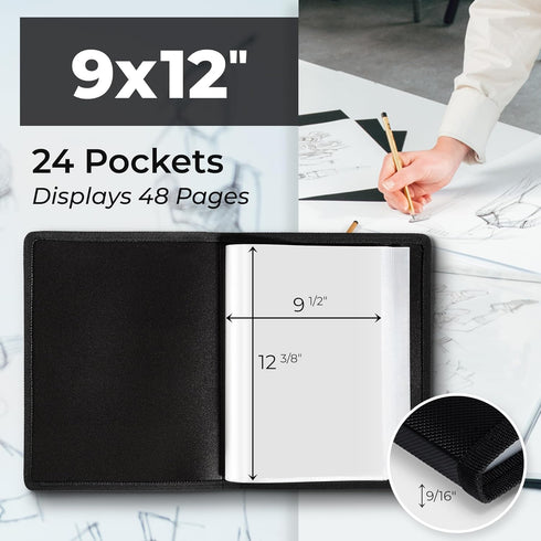 Dunwell 9x12 Art Portfolio Binder, Black Mounting Paper, Portfolio Binder for Artwork, 9 x 12 Art Folder, 24 Pockets Display 48 Pages, Acid-Free P...