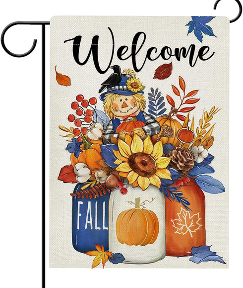 Welcome Fall Scarecrow Pumpkin Sunflower Garden Flag Double Sided, Autumn Harvest Mason Jar Decorative Yard Outdoor Home Small Decor, Maple Leaves...