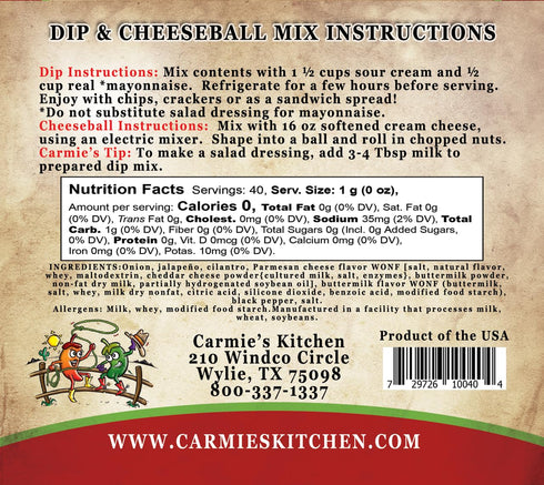Carmie's Kitchen Jalapeno Ranch Dip Mix, 1.0 Ounce...