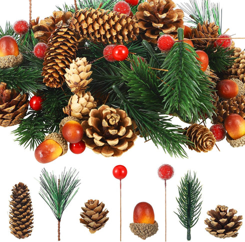 180 Pcs Christmas Pine Cones Holly Berry Craft Pine Branch Set Christmas Potpourri Bowl Filler Vase Filler Wreath Decorations Frost Berry Assorted...