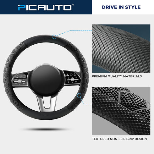 PIC AUTO Massage Steering Wheel Cover, Breathable Black Football Pattern Material Spliced Leather Car Wheel Protector, Car Interior Accessories, U...
