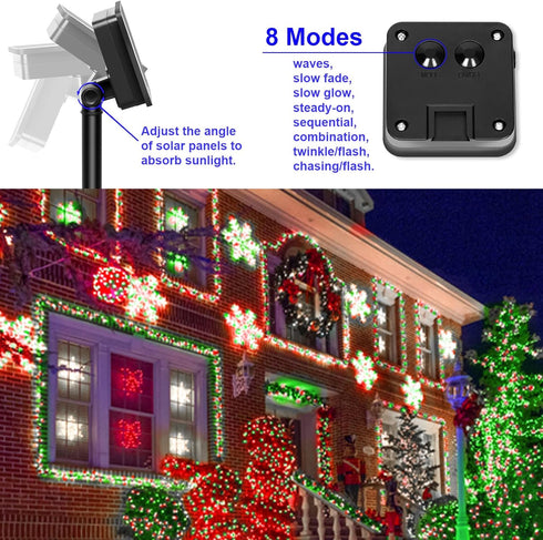 Solar Christmas String Lights Outdoor,Red White Green Fairy Lights, IP67 Waterproof 2PACK Total 200LED 66FT with 8Modes, Outside Christmas Decorat...