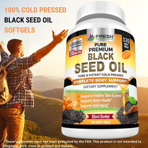 FRESH HEALTHCARE Black Seed Oil Capsules Cold Pressed 1300mg - 100% Pure Non-GMO Nigella Sativa - Immune & Joint Support - Premium Softgel Supplem...