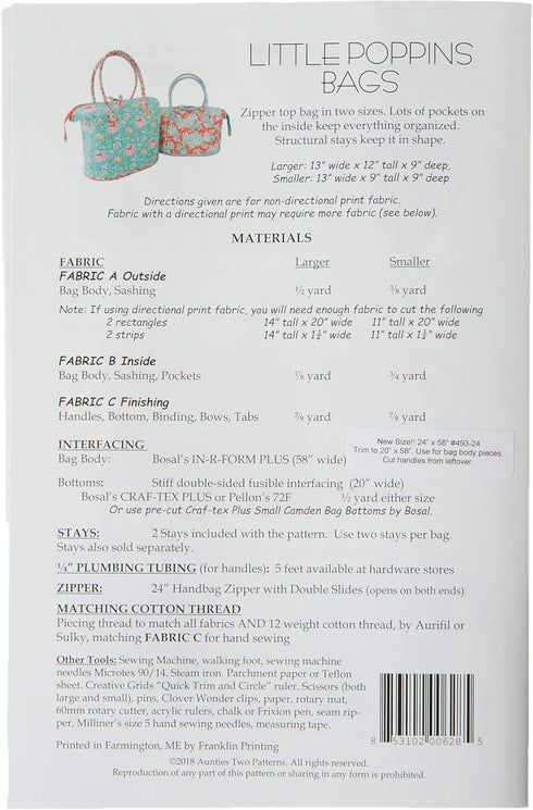 Little Poppins Bag Sewing Pattern with Two Bag Stays by Aunties Two...