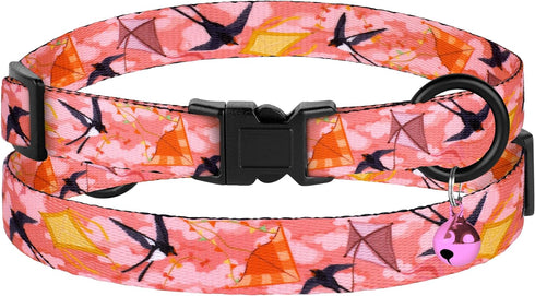 4PCS Breakaway Cat Collars with Bell, Cute Kitty Adjustable Safe Kitten Collars, 4-Pack, Nylon Pet Collars Space Mushrooms Shark Birds Print (Natu...