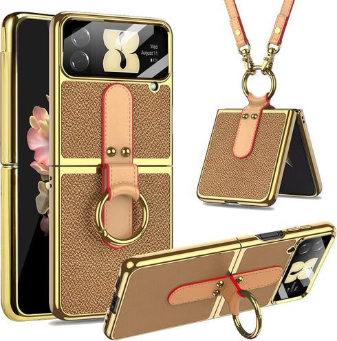 Miimall for Samsung Galaxy Z Flip 4 Case with Strap Ring Holder, Luxury Leather with Electroplating Frame Cover Built-in Camera Lens Film Lanyard ...