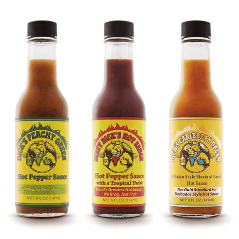 Dirty Dicks Variety Trio: Original, Caribbean, Peachy Green Hot Sauces - 5 Fl Oz, Pack of 3...