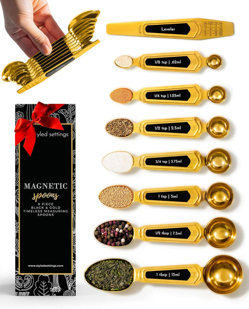 Gold Magnetic Measuring Spoons with Leveler - Featuring 8-Piece Upgraded Style, Dual-Sided, Stackable, Stainless Steel Gold Measuring Spoons Set -...
