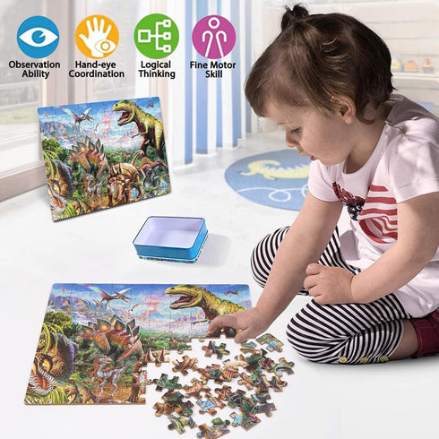 LELEMON Puzzles for Kids Ages 4-8,Tyrannosaurus 100 Piece Puzzles for Kids,Educational Kids Puzzles Ages 6-8 Jigsaw Puzzles in a Metal Box,Dinosau...