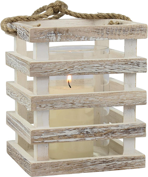 Stonebriar Small Worn White Wooden Beach House Candle Lantern with Rope Handle and Removable Glass Cylinder Hurricane...