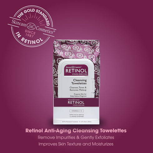 Retinol Anti-Aging Cleansing Towelettes – All-in-One Cleanser, Toner & Makeup Remover in a Convenient Pre-Moistened Wipe – On-The-Go Exfoliating, ...