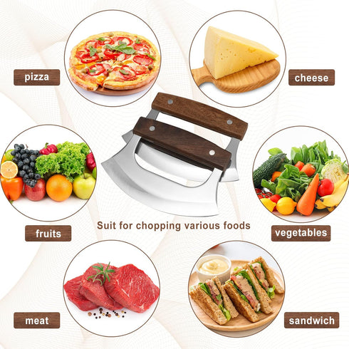 Hanaive 2 Set Pizza Cutter Mezzaluna Ulu Knife with Base Salad Veggies Chopper Slicer Cutter Mezzaluna Knife Cleaver Chopping Salad Chopper Stainl...