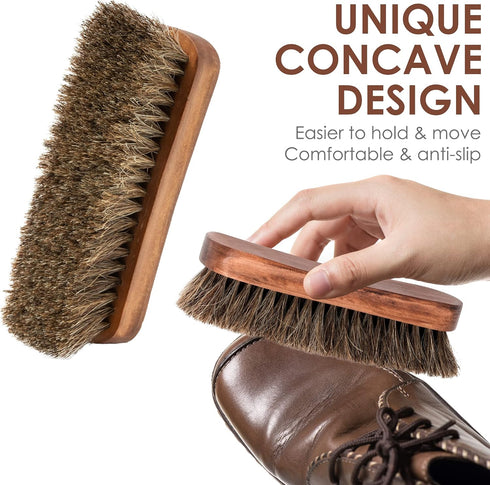 6.7" Horsehair Shoe Shine Brush - 100% Soft Genuine Horse Hair Bristles - Unique Concave Design Wood Handle - Comfortable Grip, Anti Slip - for Bo...