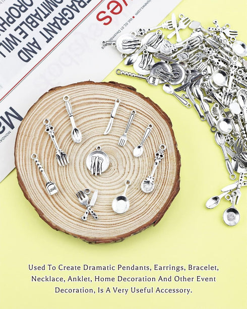JIALEEY 100pcs Fork Knife Spoon Pan Tableware Charms Beads Necklace Pendants DIY for Jewelry Making and Crafting, Tibetan Silver Plated Tableware ...