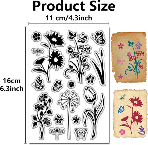 CRASPIRE Flower Clear Stamps Butterfly Tulip Plant Dragonfly Reusable Background Postmark Transparent Silicone Stamp Seals for Journaling Card Mak...
