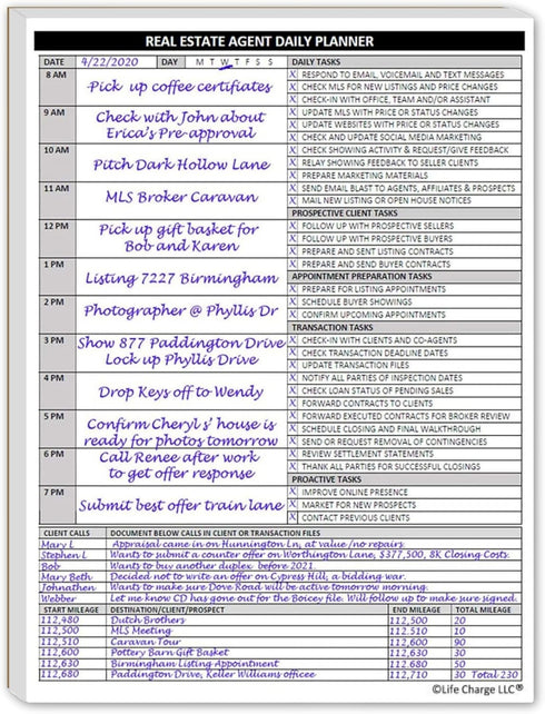 Real Estate Agent Supplies - Daily Planner Task List Notepad. Simple one page document with calendar, task lists, call and mileage log. Keep organ...