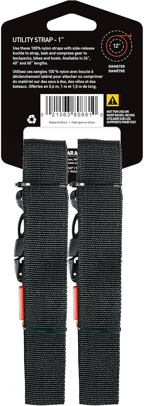 GEAR AID Utility Straps with Side-Release Buckle, Secure and Compress Camping, Biking, Hunting, Boating Gear, Multiple Sizes 1" x 40"...
