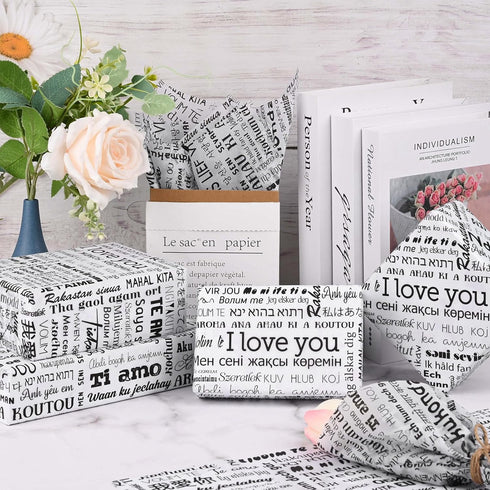 100Sheets 20 * 14 Inches I Love You Printed Tissue Paper for Gift Bags Different Languages of I Love You Romantic Words Tissue Paper for Gift Wrap...