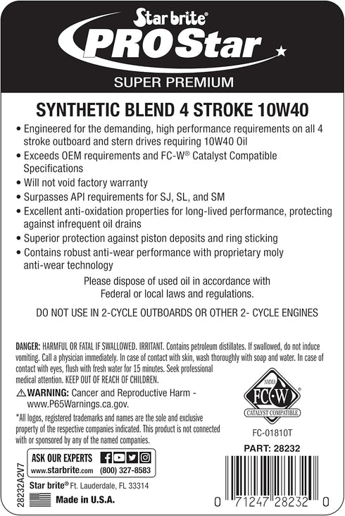 STAR BRITE Super Premium 4 Stroke Marine Oil - 10W-40 Synthetic Blend Engine Oil for Outboards, Gasoline Inboards & Stern Drives - NMMA FC-W Certi...