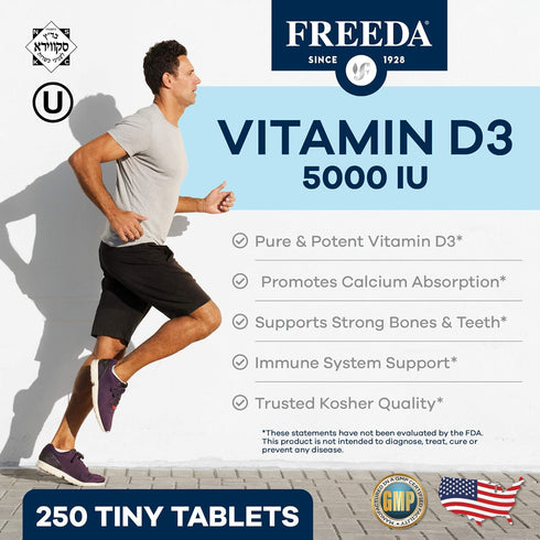 FREEDA Vitamin D3-5000 IU - Pure High Potency Kosher Supplement Tablets - Bone and Muscle Health, Calcium Absorption, Immune Support for Men and W...