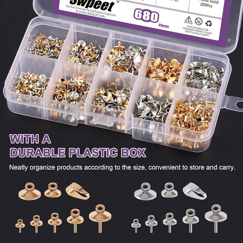 Swpeet 680Pcs Gold and Sliver 3mm 4mm 5mm 6mm 8mm Cup Pearl Screw Eye Pin Bail Peg Pendants with 7mm Pendant Charm Clasps Connector Kit, Perfect f...