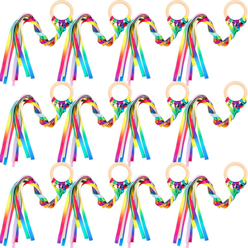 12 Pcs Rainbow Ribbon Wooden Waldorf Toys Creative Waldorf Hand Kite Set Streamers with Wood Ring Sensory Learning Educational Toy for Playroom Da...