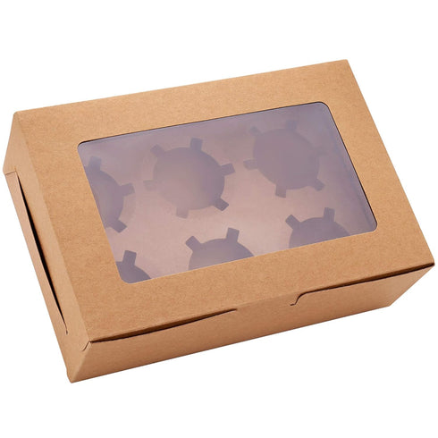 30-Set Cupcake Boxes with Inserts and Window Hold 6 Cupcakes, 9.4'' x 6.3'' x 3'', Brown Food Grade Kraft Cupcake Holder for Cookies, Muffins, Bak...