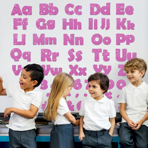 260Pcs Glitter Pink Bulletin Board Letters for Classroom 4” Letter Combo Pack Set Numbers Alphabet Poster Board with Adhesive Dots Punctuation Sym...