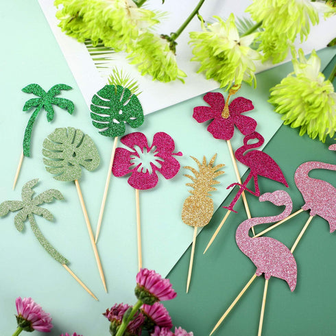 50 Pieces Tropical Hawaiian Luau Cupcake Toppers Glittery Hawaii Cake Cocktail Toothpick Flamingo Pineapple Hibiscus Flowers Palm Leaves Cupcake P...