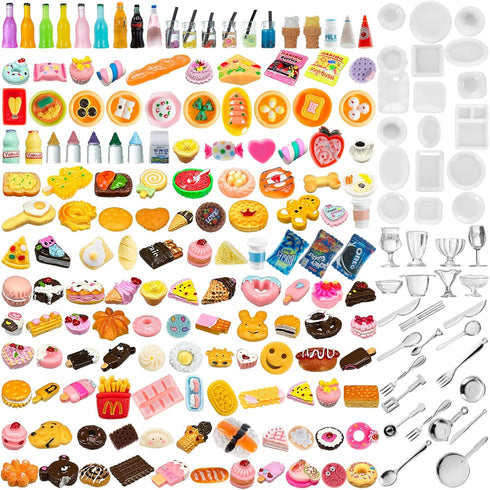 200Pcs Dollhouse Miniature Food Drinks Bottle Cooking Toys Kitchen Accessories Mini Play Fake Resin Pretend Game Party Tableware Bread Cake Ice Cr...