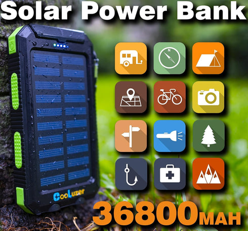 Solar Charger Power Bank 36800mah,18W PD 5V*3.1A Fast Charging,QC3.0 Portable Charger Solar Power Bank,IP67 Waterproof Camping Gear Accessory (Gre...